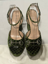 Load image into Gallery viewer, Gucci GG Denim Lady Horsebit  Green Logo Velvet Slingback Sandal
