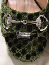 Load image into Gallery viewer, Gucci GG Denim Lady Horsebit  Green Logo Velvet Slingback Sandal
