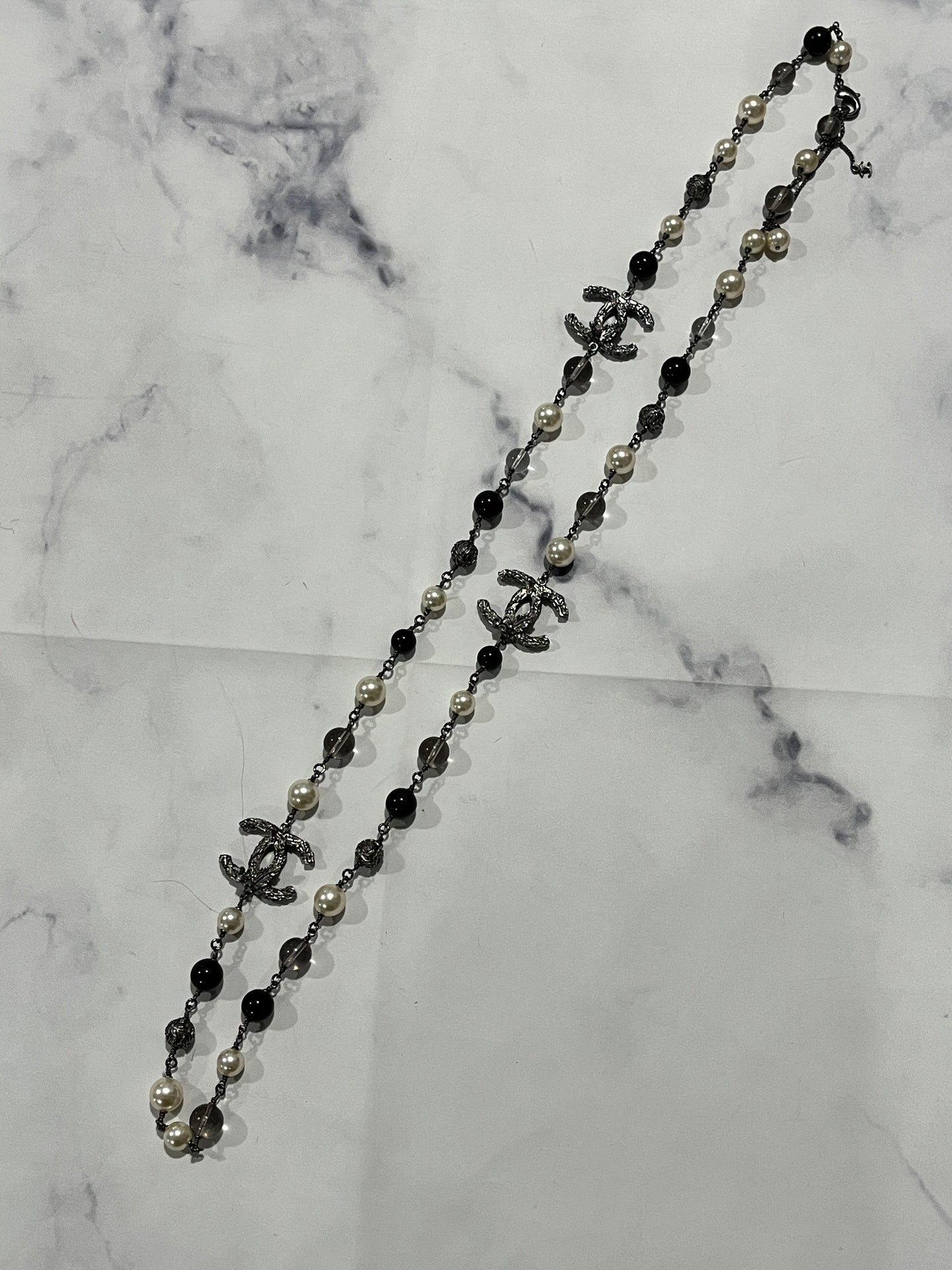 Chanel Silver Tone Strass Chain Long Necklace