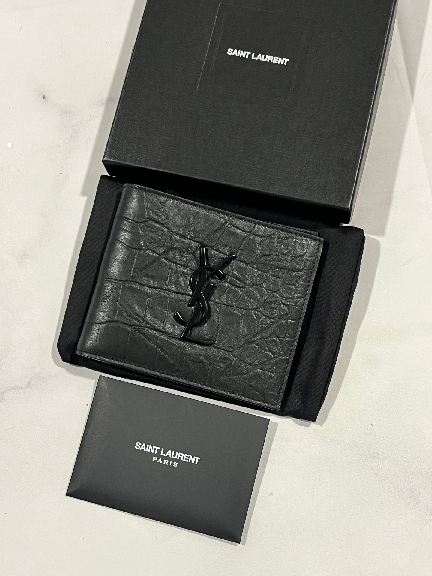 Saint Laurent Black on Black Croc Embossed Bifold Wallet