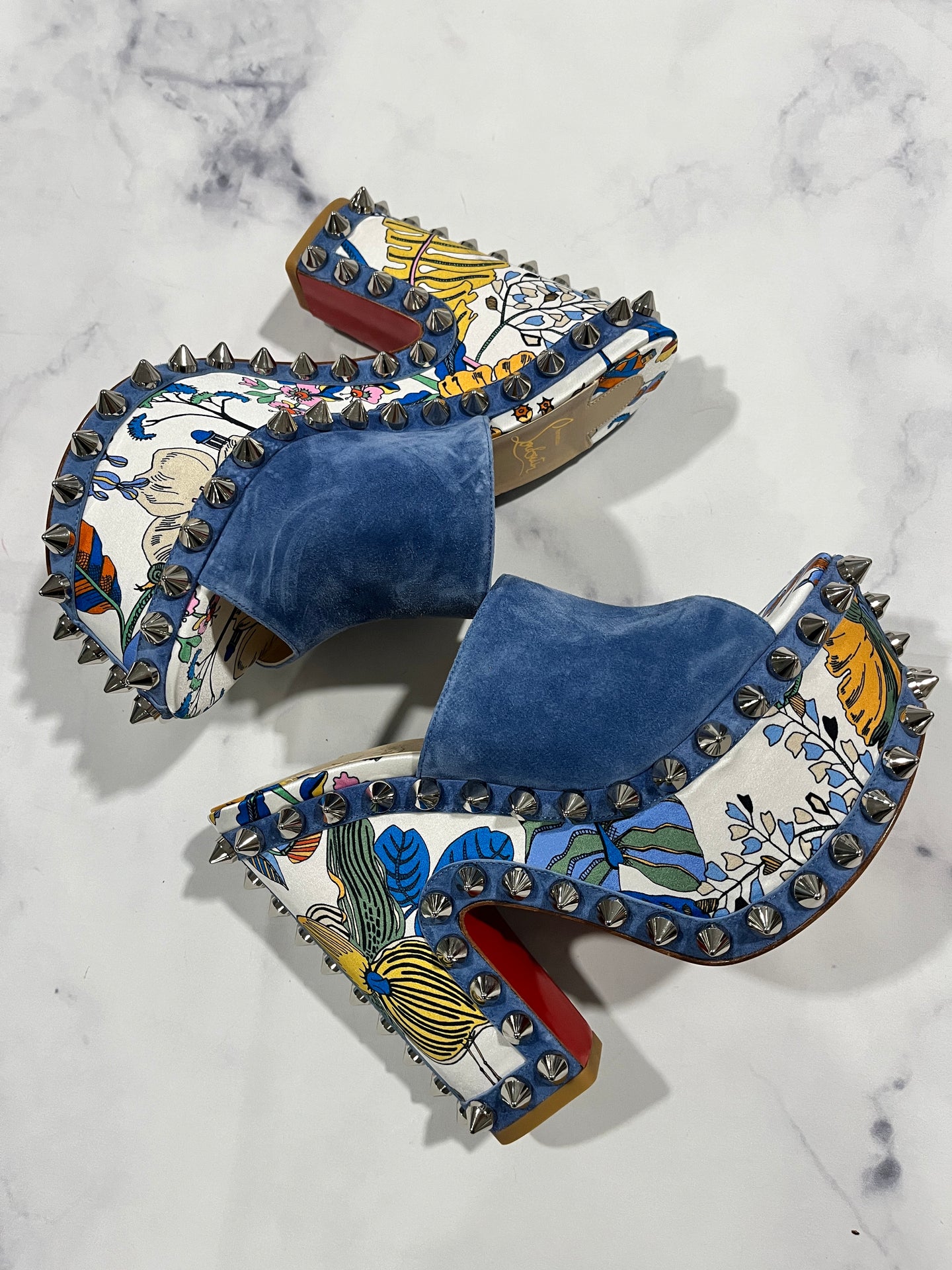 Christian Louboutin Blue Suede Spike Sandals Mules