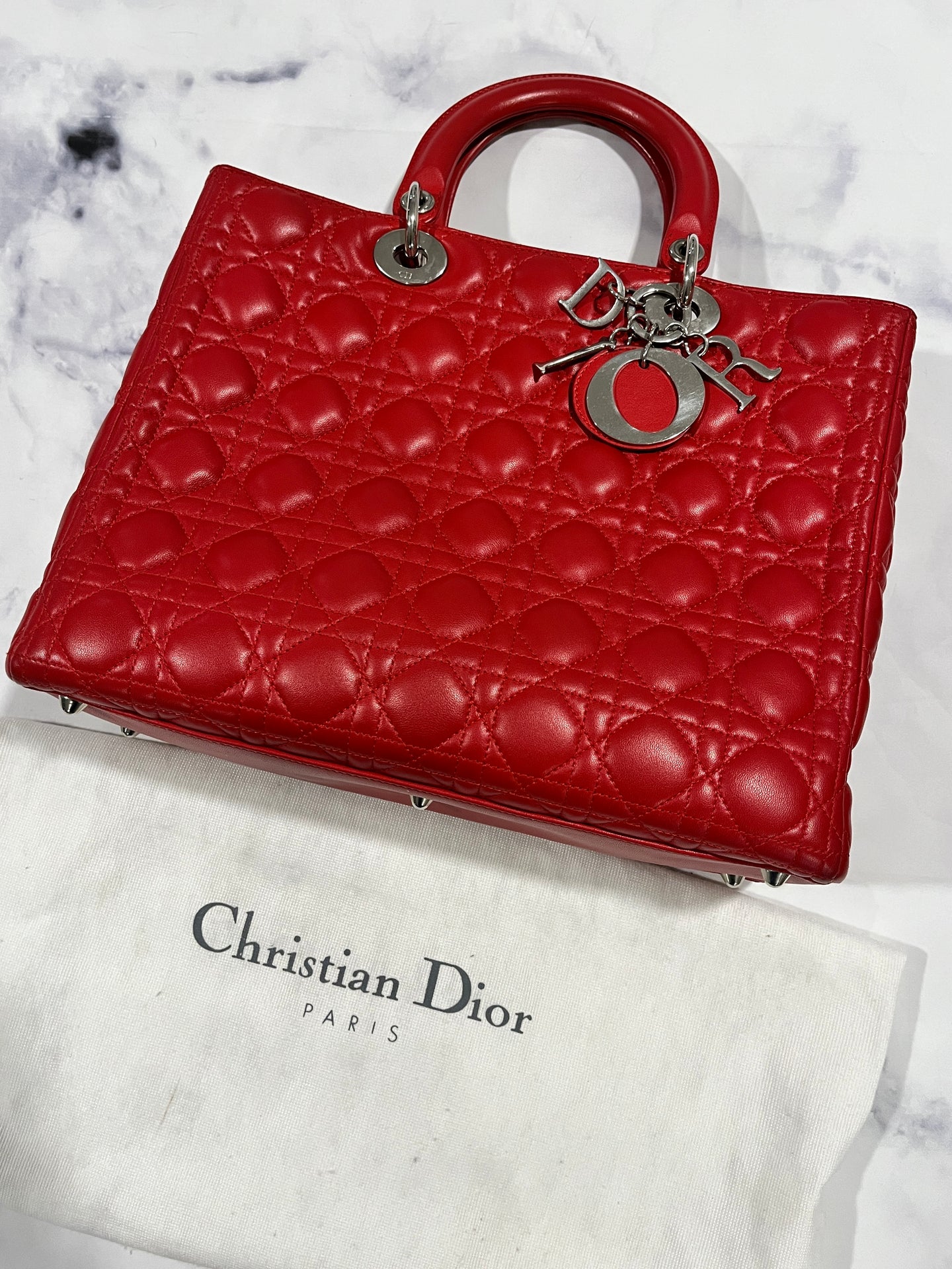 Dior Red Lambskin Large Lady Dior Bag