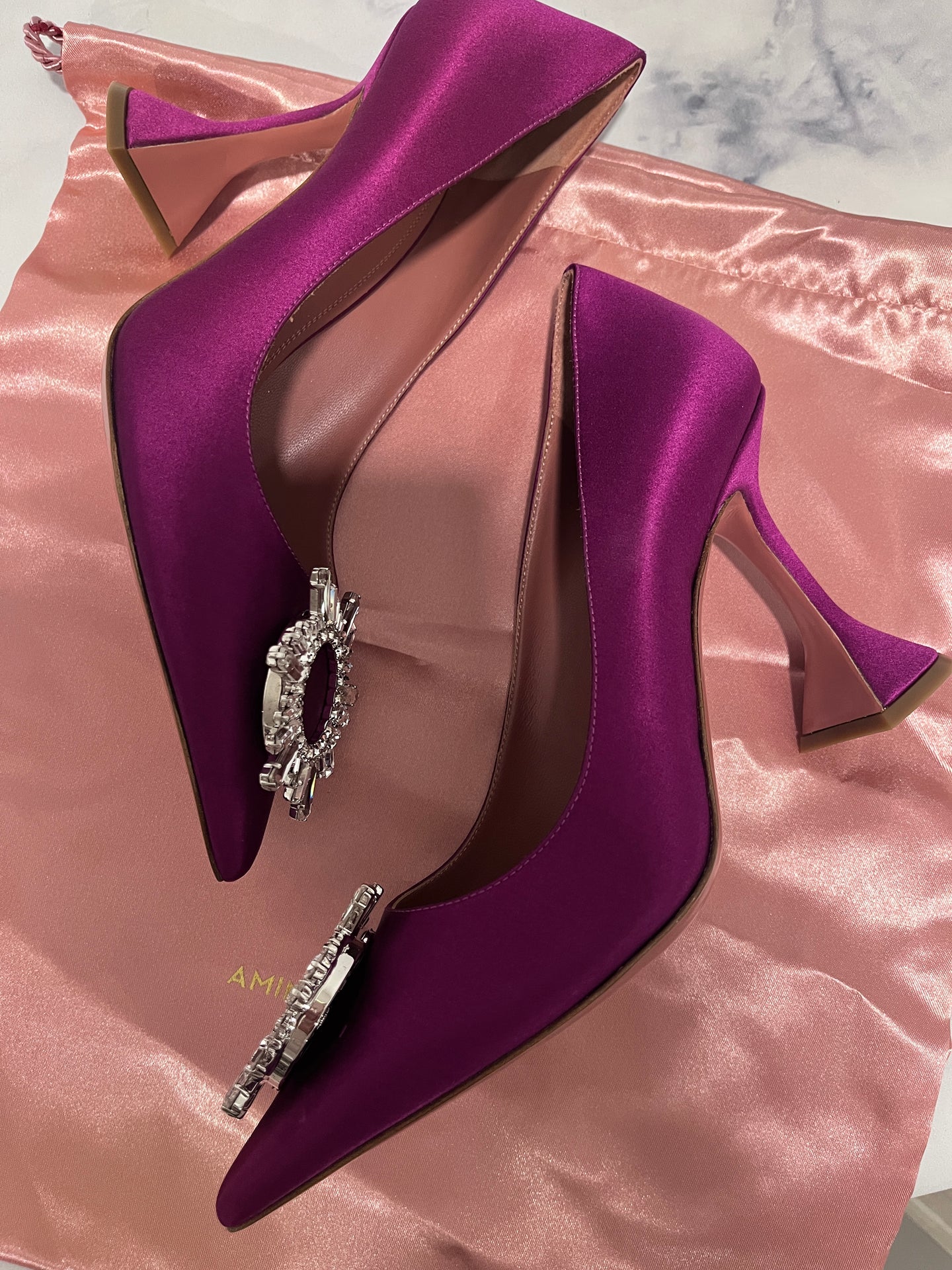 Amina Muaddi Begum Fushia Satin Crystal Pump