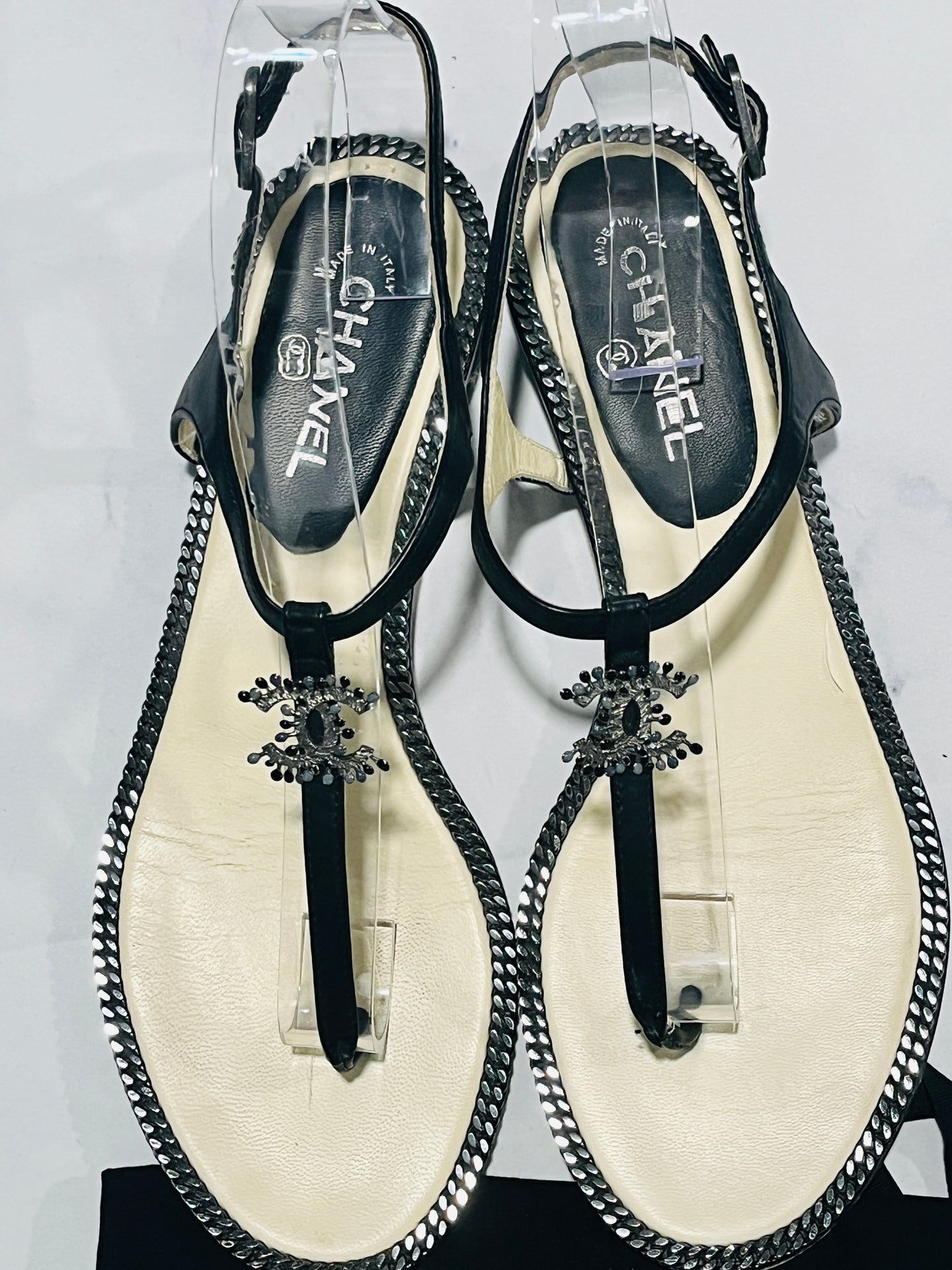 Chanel Black Thong Chain Trim Thong Sandals