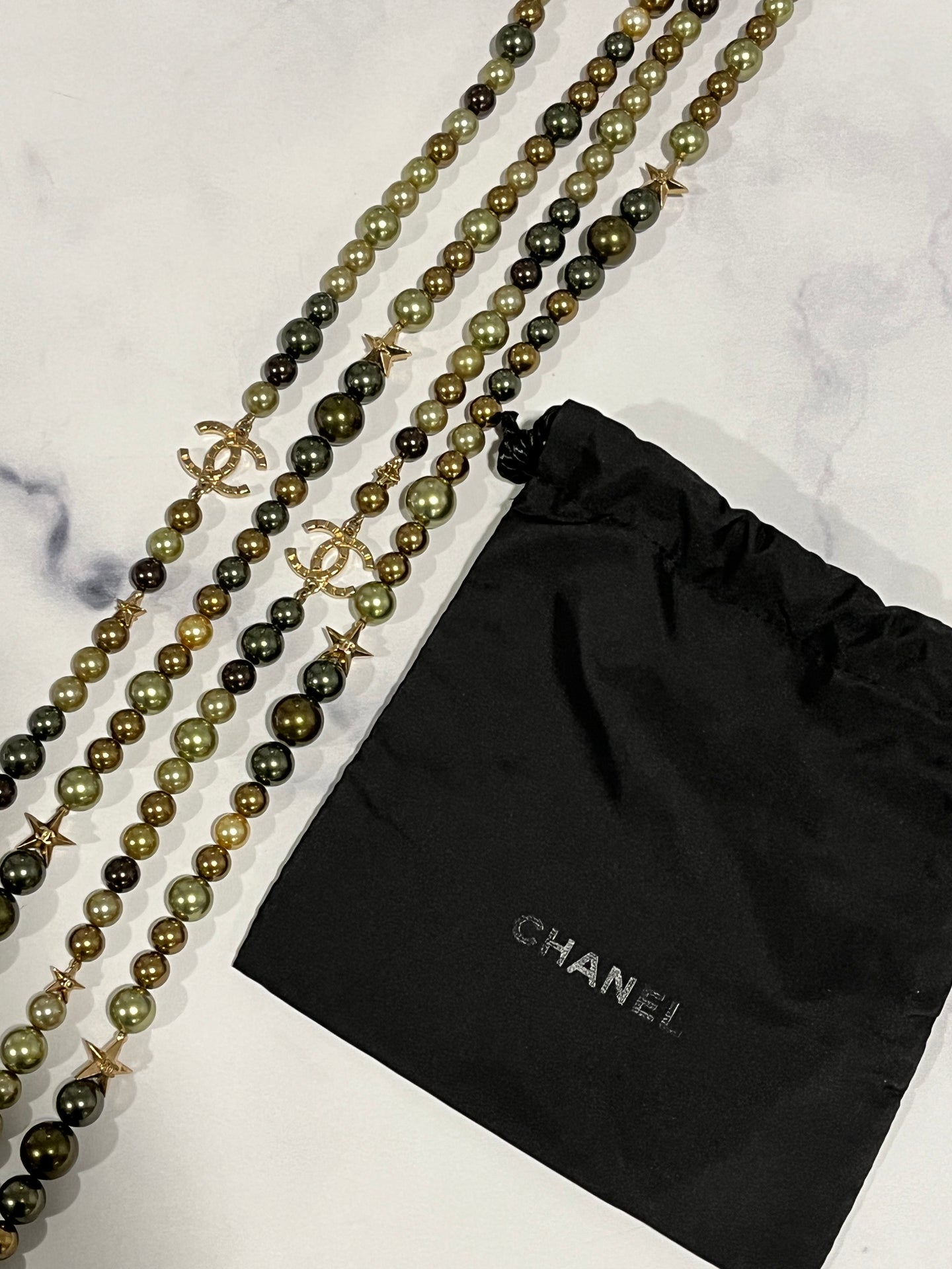 Chanel CC Gold tone Faux Pearl Olive Green Multicolor Double Strand Necklace