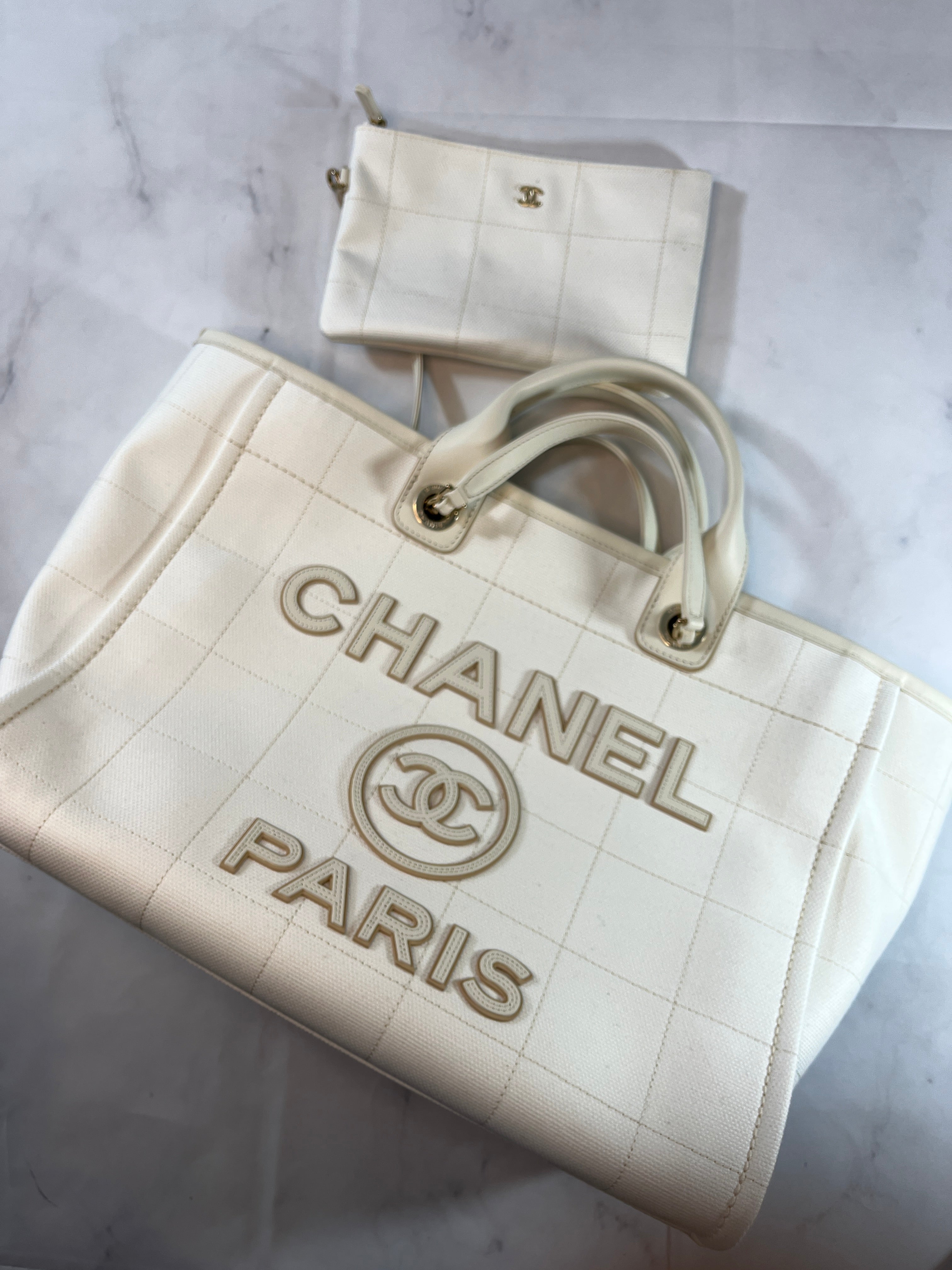 Chanel Ivory Cream Caviar leather Small Deauville tote bag + organizer  insert