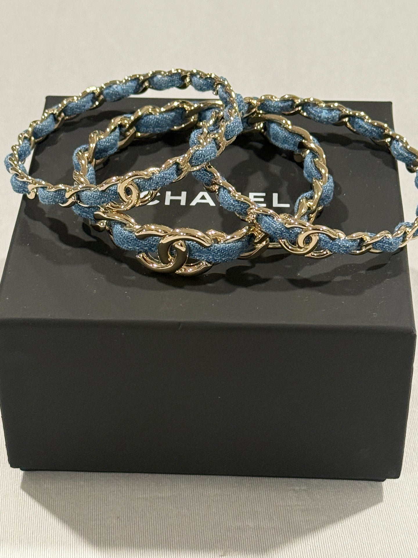 Chanel 25P Denim Gold Tone 3pc Bangle Set