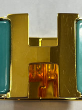 Load image into Gallery viewer, Hermes Tiffany Blue Gold Plated Extra Wide H Clic Clac Bangle
