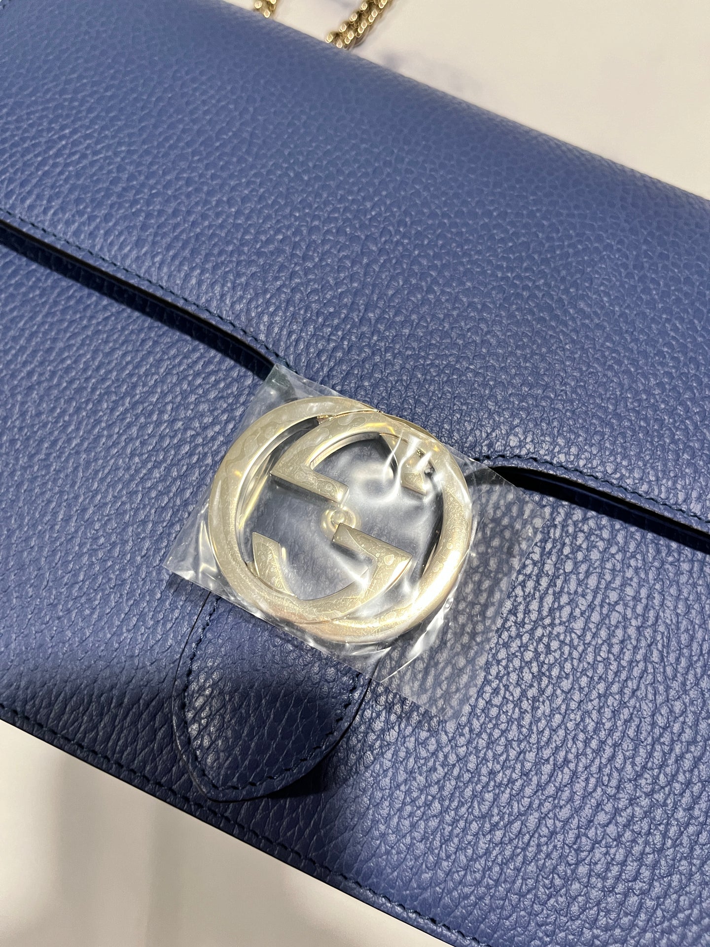 Gucci Pebbled Leather Blue Flap Crossbody Bag
