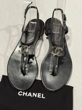 Load image into Gallery viewer, Chanel Black CC Crystal Thong Sandals
