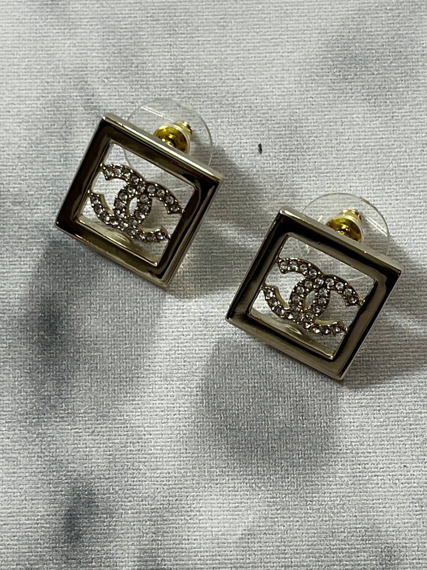 Chanel 23P Gold Square Crystal CC Earrings