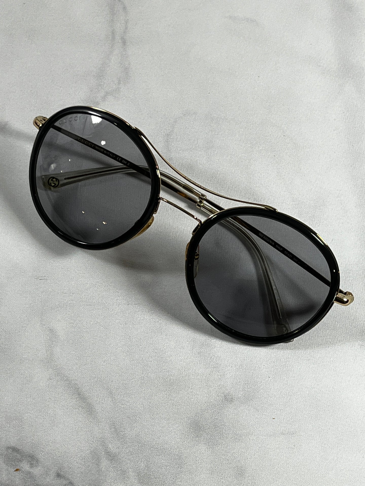 Gucci Black Acetate Gold Round Metal Sunglasses