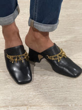 Load image into Gallery viewer, Chloe Black Leather Charms Mule Heels
