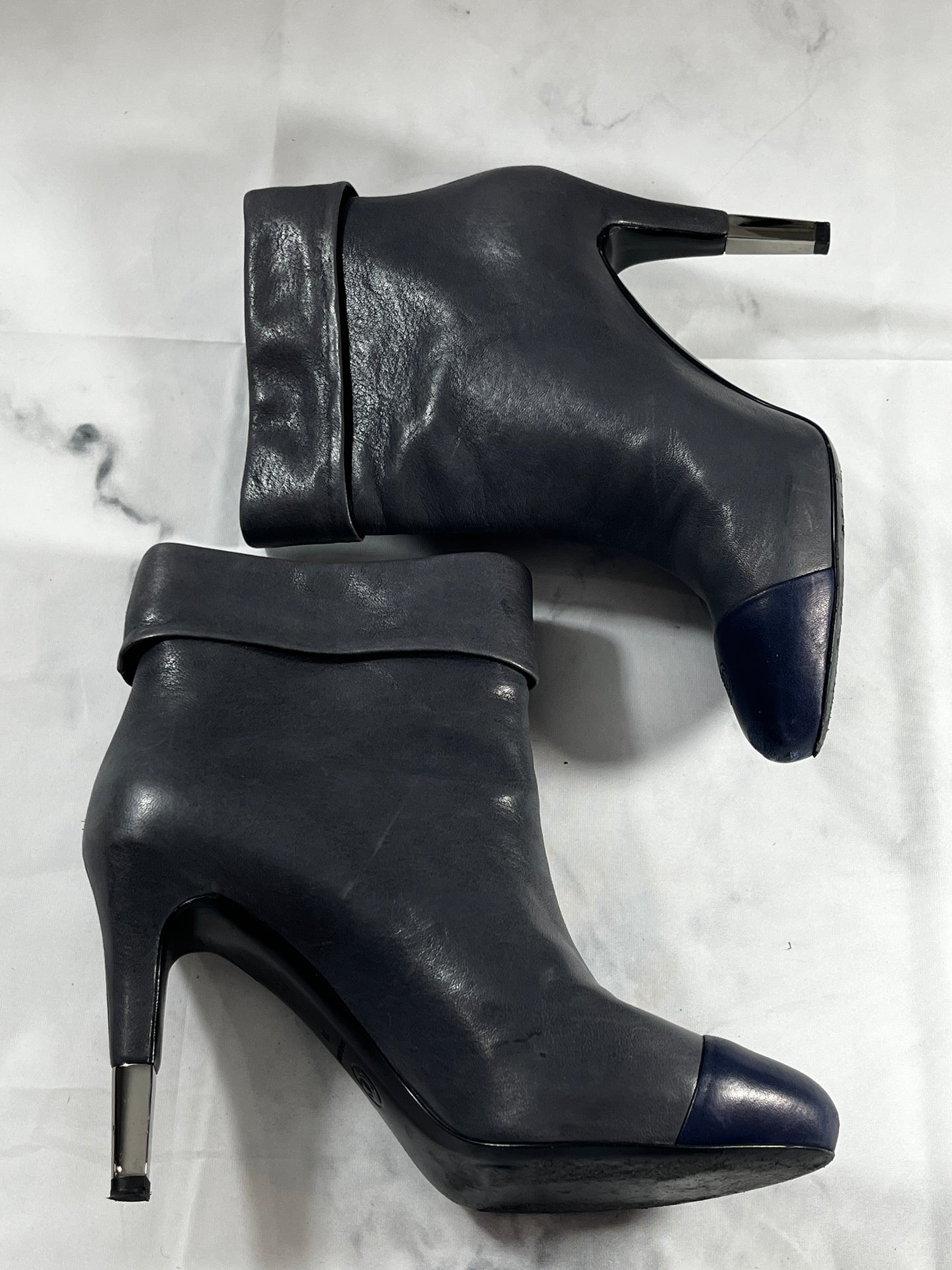 Chanel 13B Gray Leather Navy Captoe Ankle Bootie