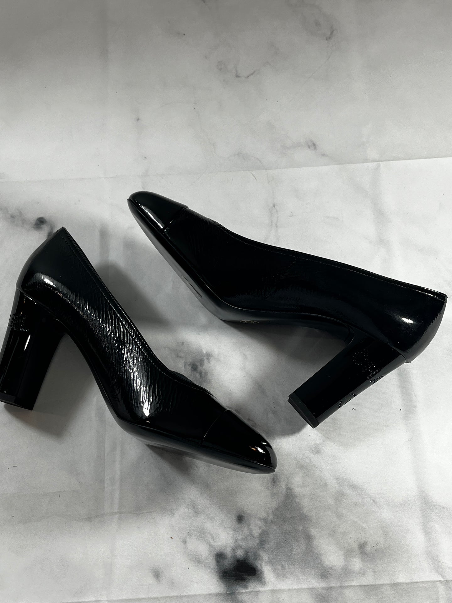 Chanel 19A Black Patent Leather Round Toe Pumps