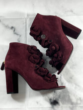 Load image into Gallery viewer, Chanel 17A Burgundy Suede Camellia Peeptoe Booties

