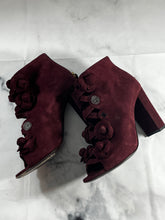 Load image into Gallery viewer, Chanel 17A Burgundy Suede Camellia Peeptoe Booties
