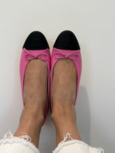 Load image into Gallery viewer, Chanel 24C  Pink Leather Black Grosgrain CC Captoe Ballet Flat
