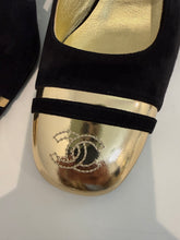 Load image into Gallery viewer, Chanel 24C  Black Suede w/ Gold Laminated CC Captoe Slingback
