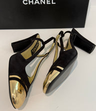 Load image into Gallery viewer, Chanel 24C  Black Suede w/ Gold Laminated CC Captoe Slingback
