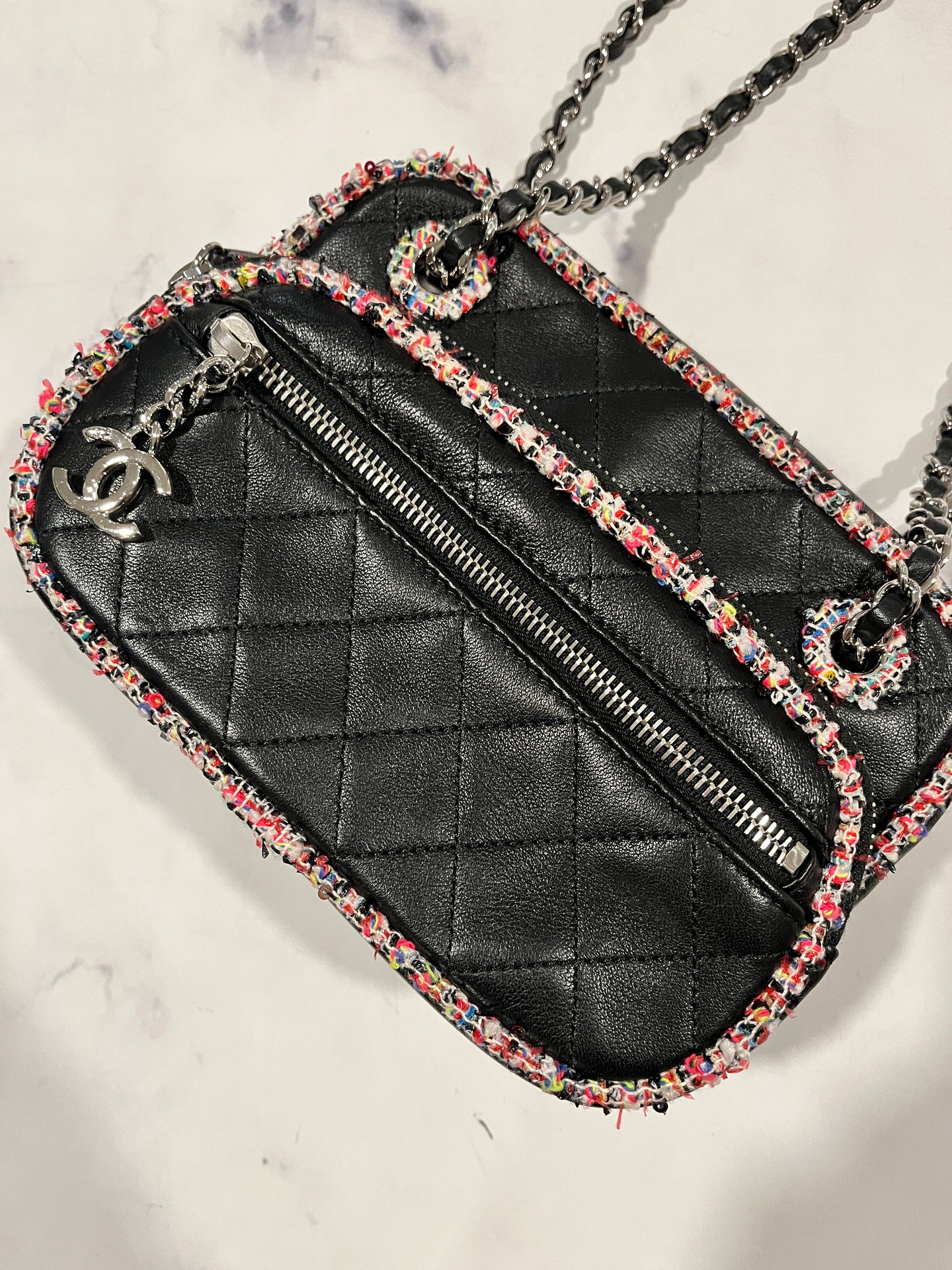 Chanel Black Leather Tweed Trim Crossbody Bag