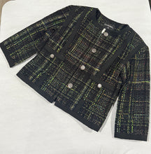 Load image into Gallery viewer, Chanel Black Green Multicolor Tweed Crop Blazer
