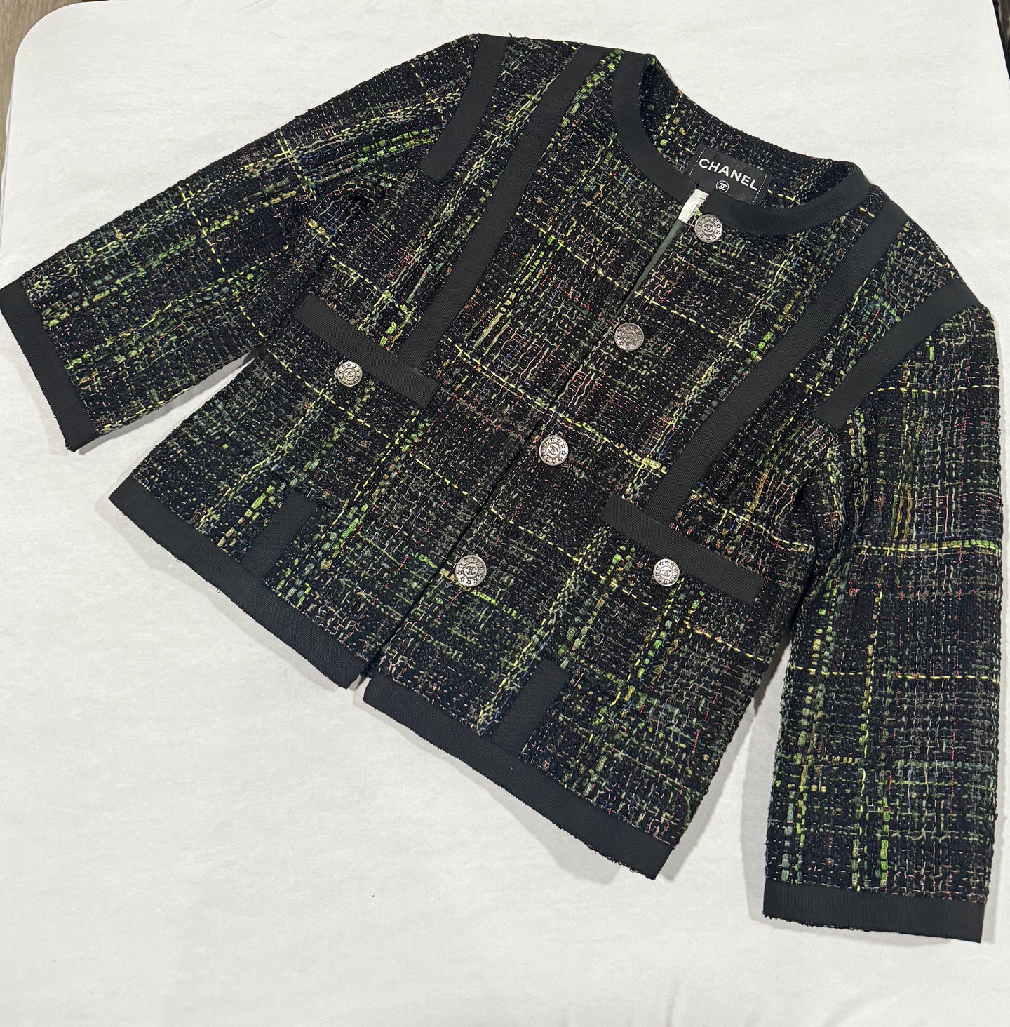 Chanel Black Green Multicolor Tweed Crop Blazer