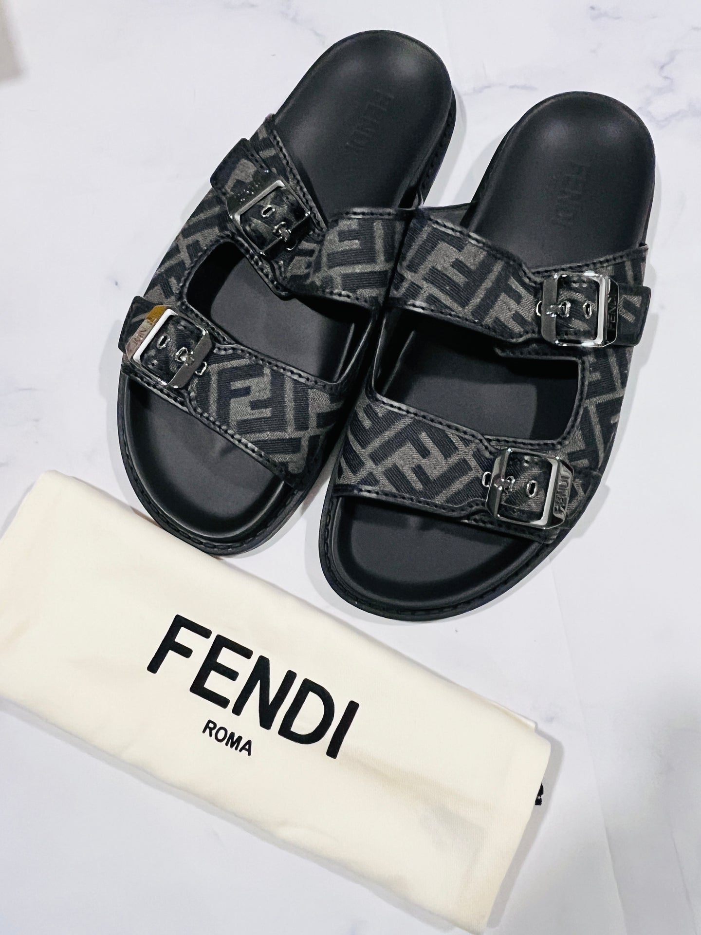 Fendi Jacquard Black Gray Slide Sandals