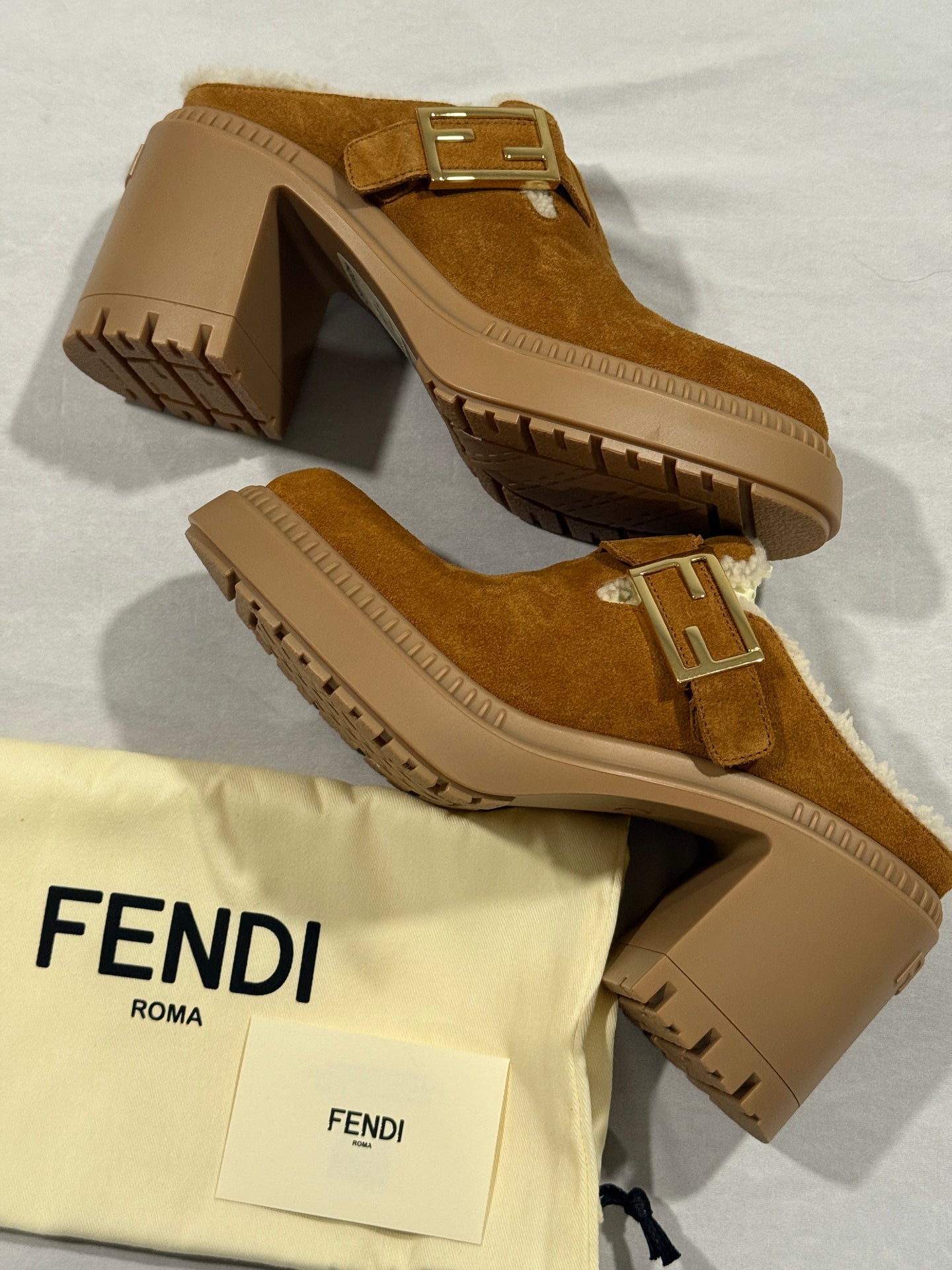 Fendi Suede Shearling Block Heel Mules