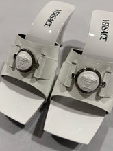 Load image into Gallery viewer, Versace Embellished Patent Leather Medusa Mules
