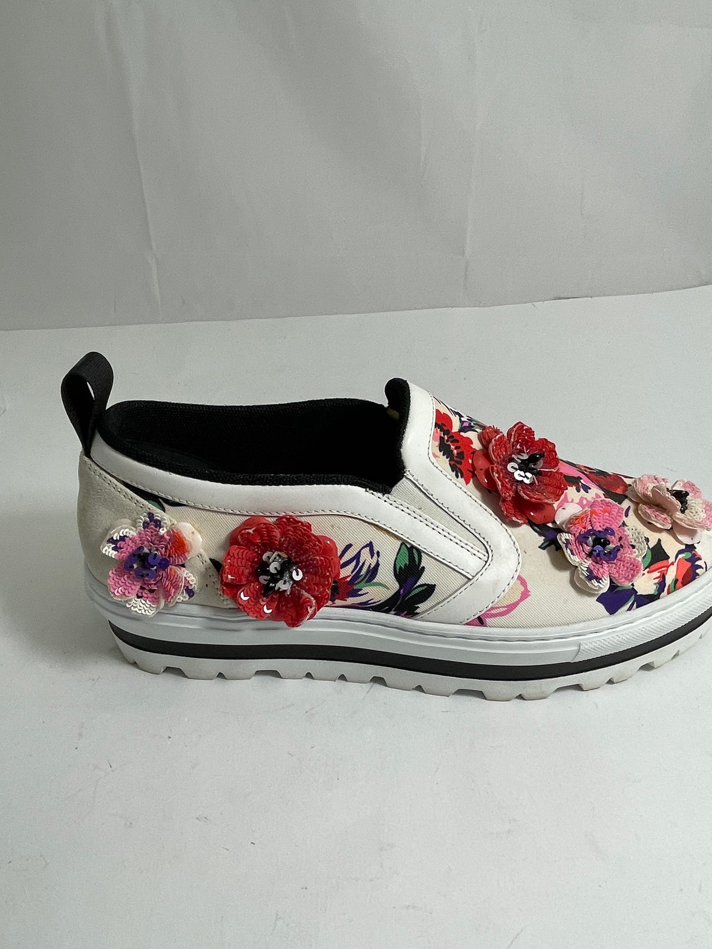 MSGM Red Floral Canvas Beaded Slip On Sneakers