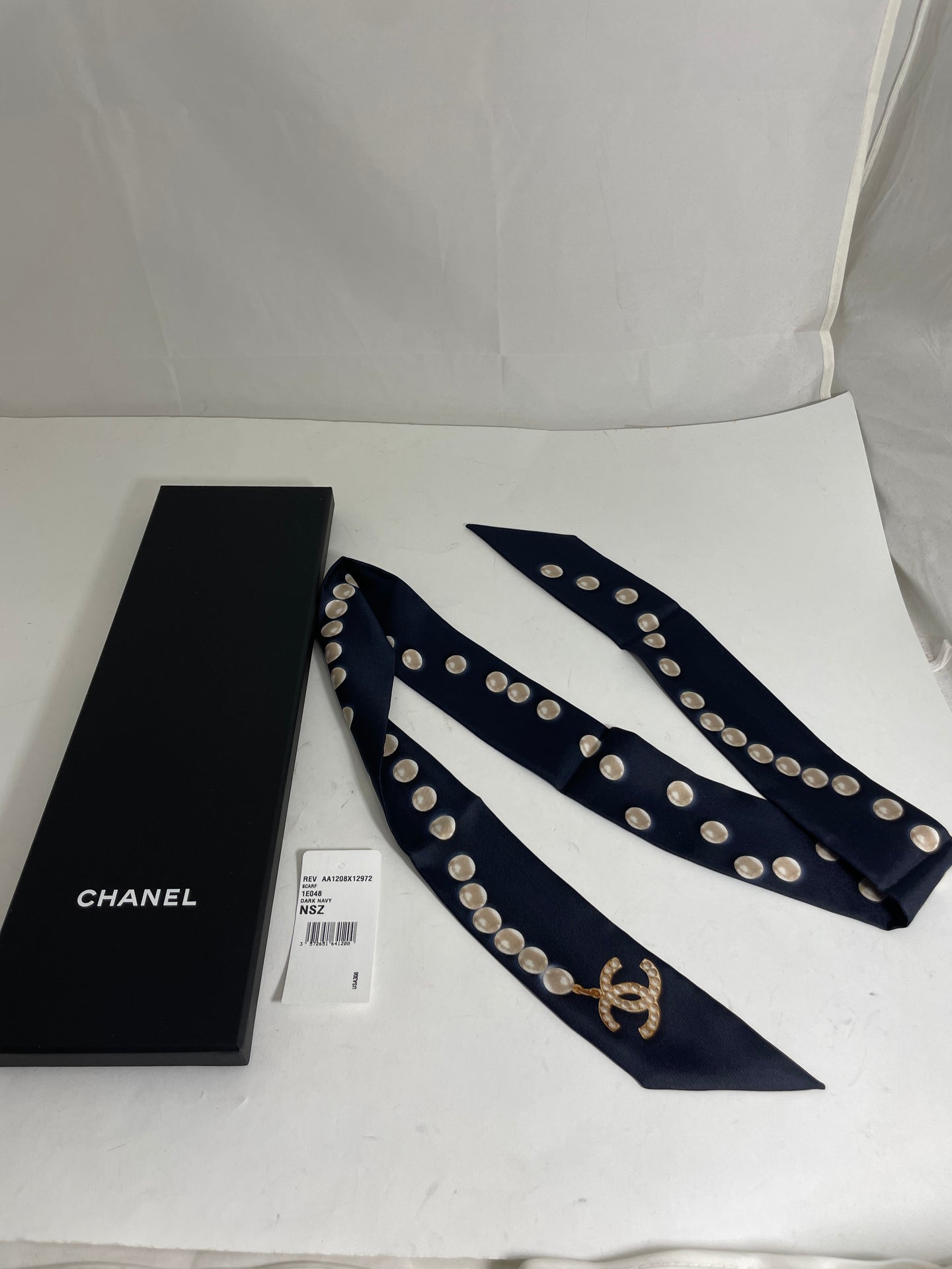 Chanel Navy With Pearls Twilly Scarf
