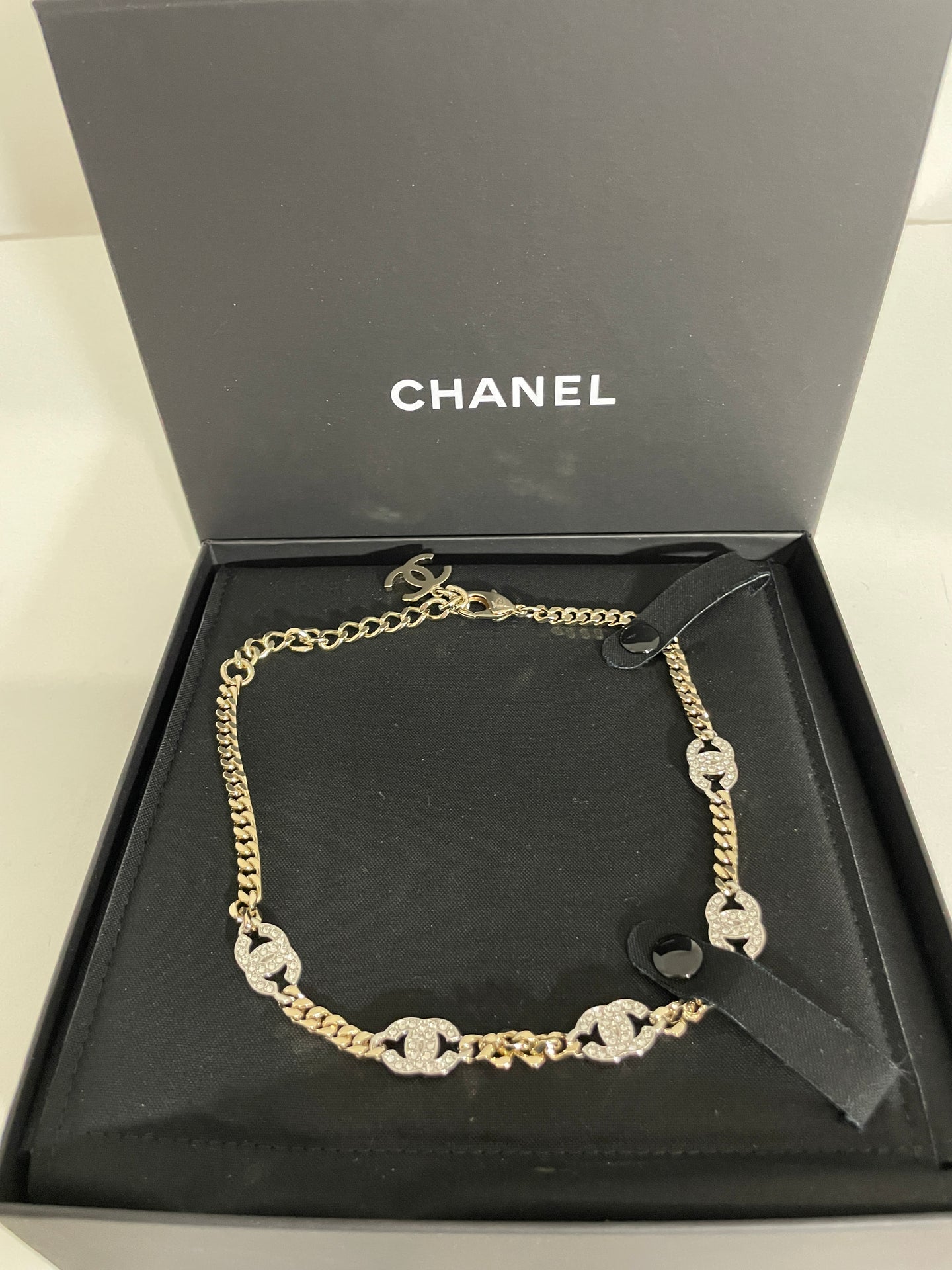 Chanel CC Chain Crystal Goldtone Silvertone  Necklace