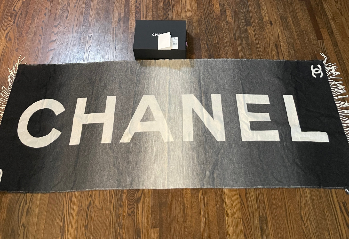 Chanel CC Black Gray Ivory Blanket Shawl Wrap