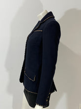 Load image into Gallery viewer, Chanel navy tweed blazer with gold/bronze trim blazer
