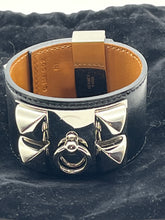Load image into Gallery viewer, Hermes Black Leather Palladium Cuff Bangle
