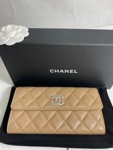 Load image into Gallery viewer, Chanel Beige CC Chain Detail Long Snap Flap Caviar Wallet
