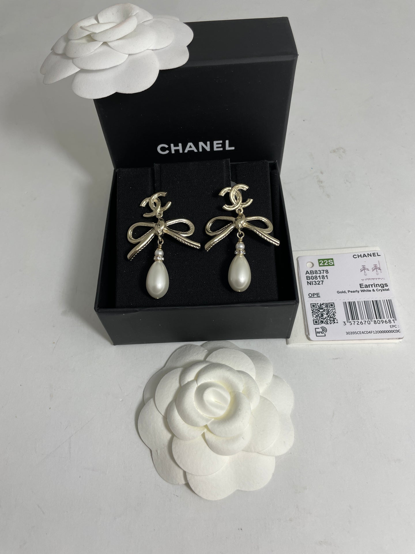Chanel 22S CC Gold Tone Bow Pearl Drop Earrings
