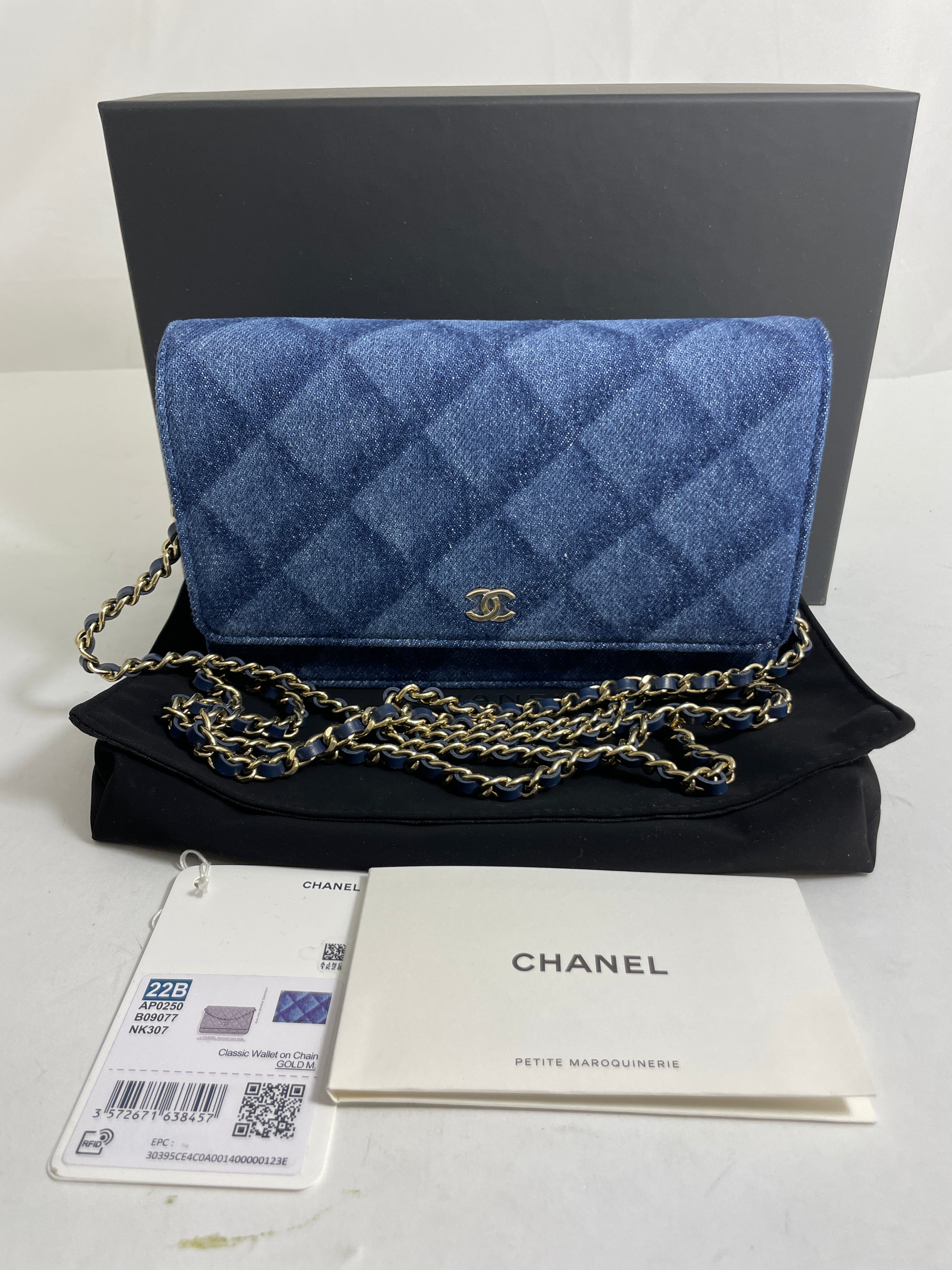 Chanel 22P Silver Gold Quilted Denim Wallet on Chain 19 Flap WOC S126C49