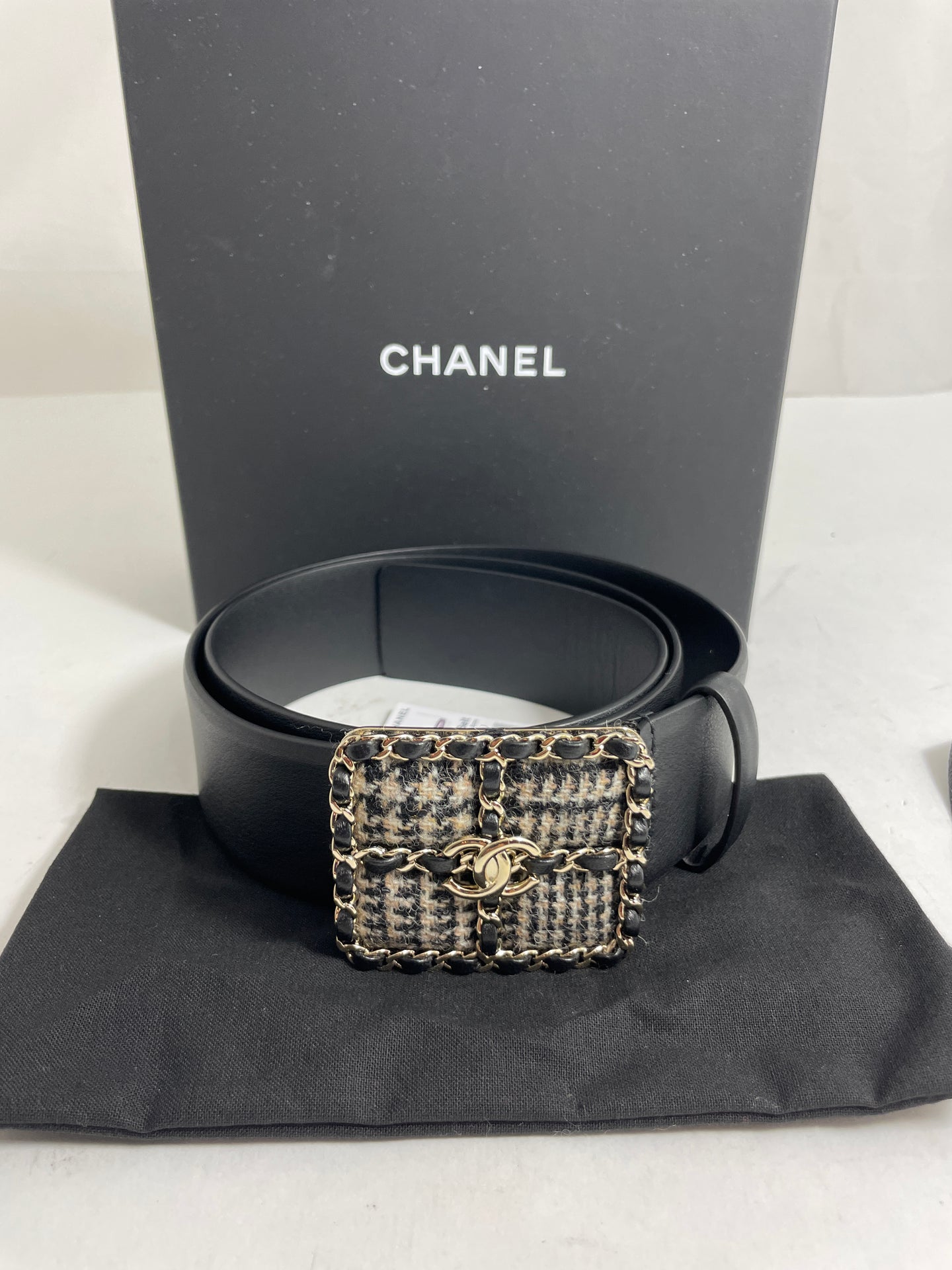 Chanel 22K Tweed Buckle Black Leather Belt