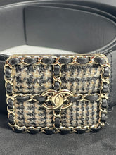 Load image into Gallery viewer, Chanel 22K Black/Ecru Tweed Buckle  Leather Belt

