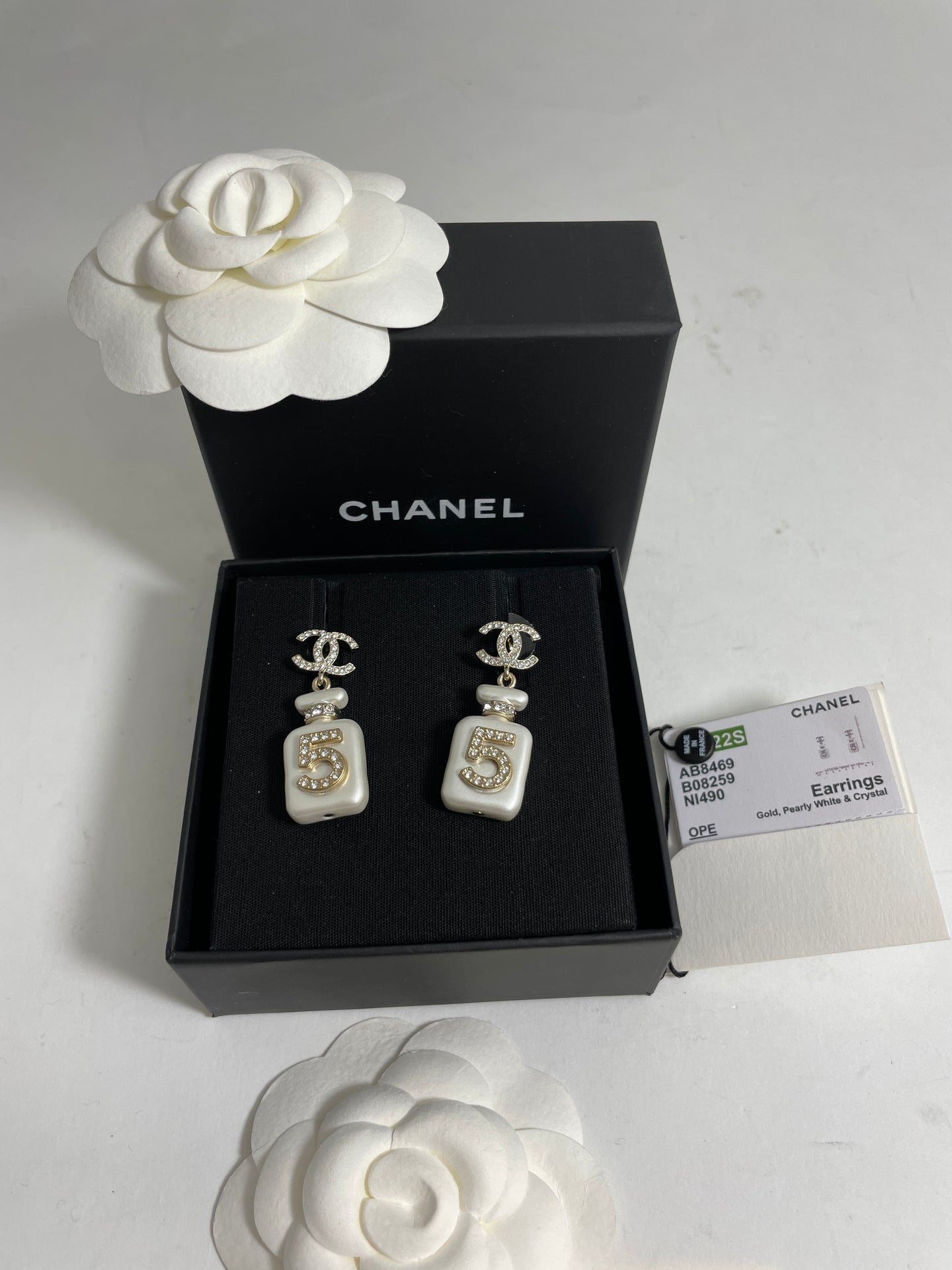 Chanel 22 CC Pearly White Gold Tone Perfume Bottle Drop Earrings