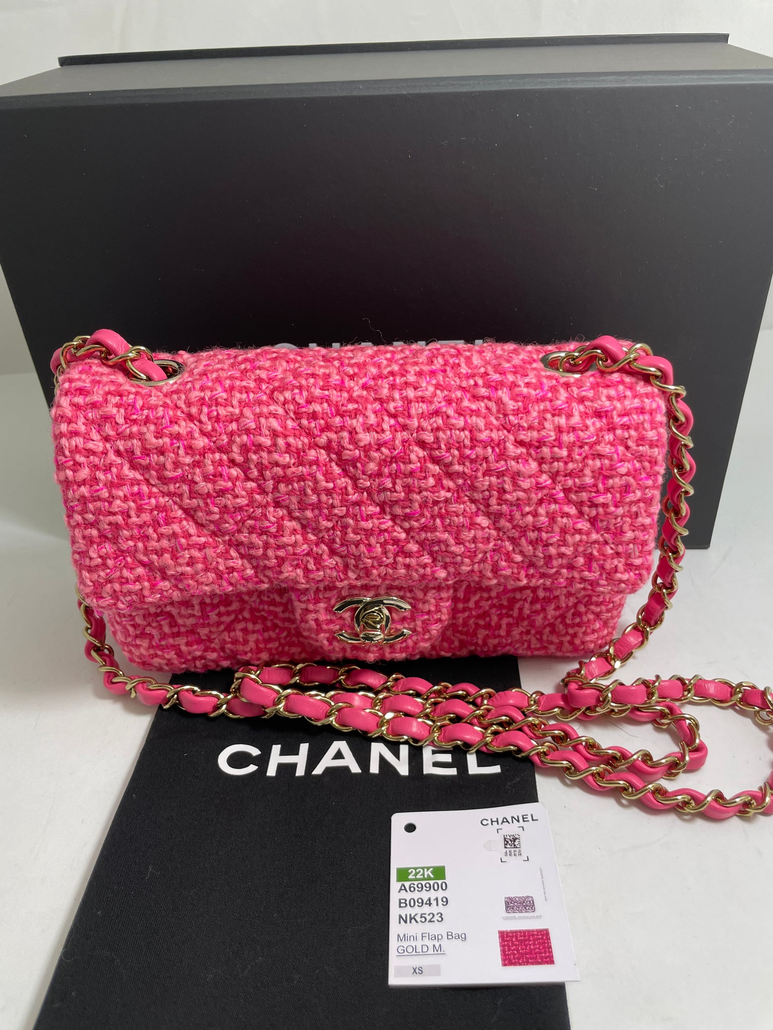 Chanel Quilted Mini Rectangular Flap Pink/Blue Tweed Gold Hardware
