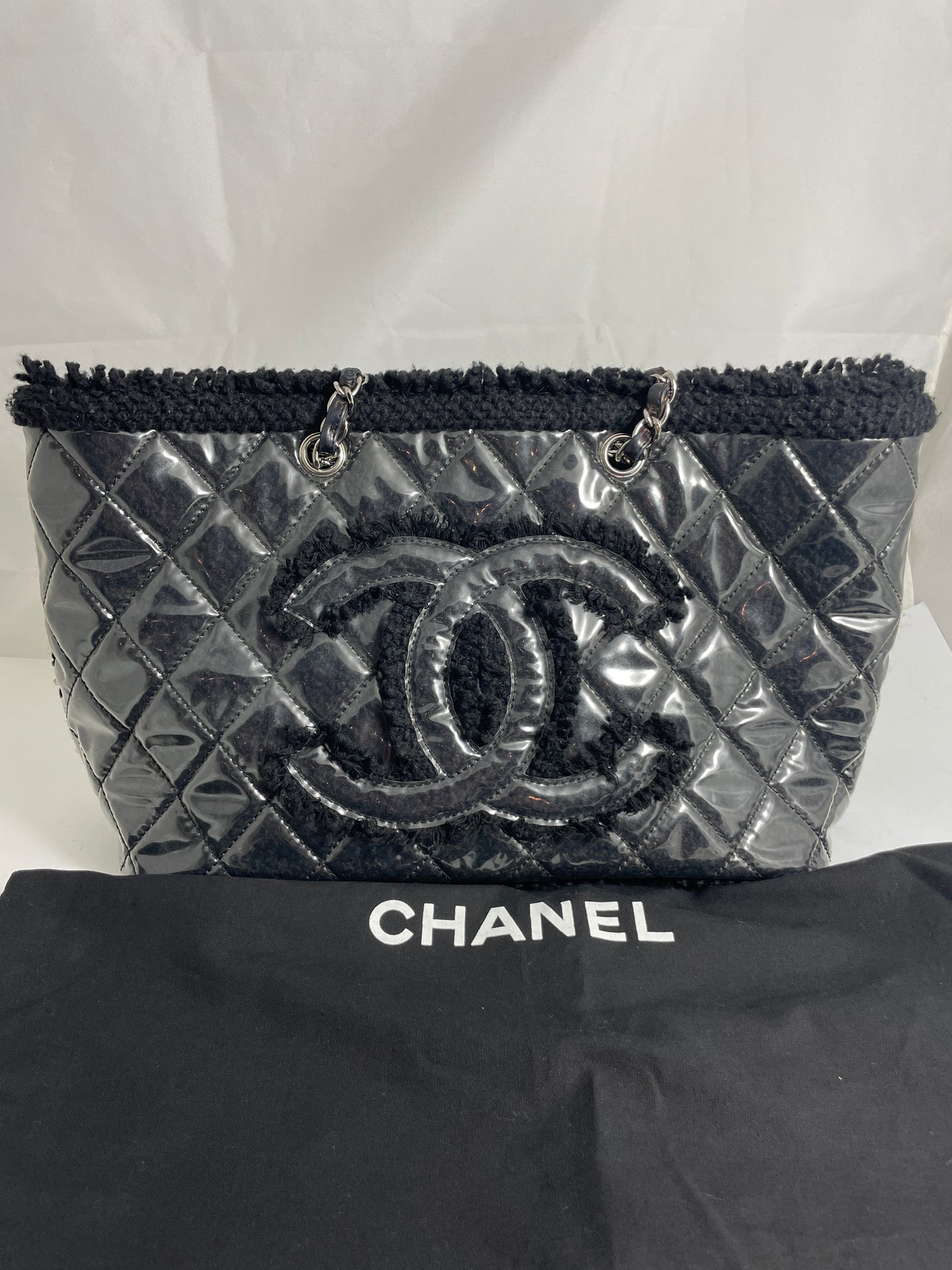 Chanel Black Tweed PVC Tote Handbag