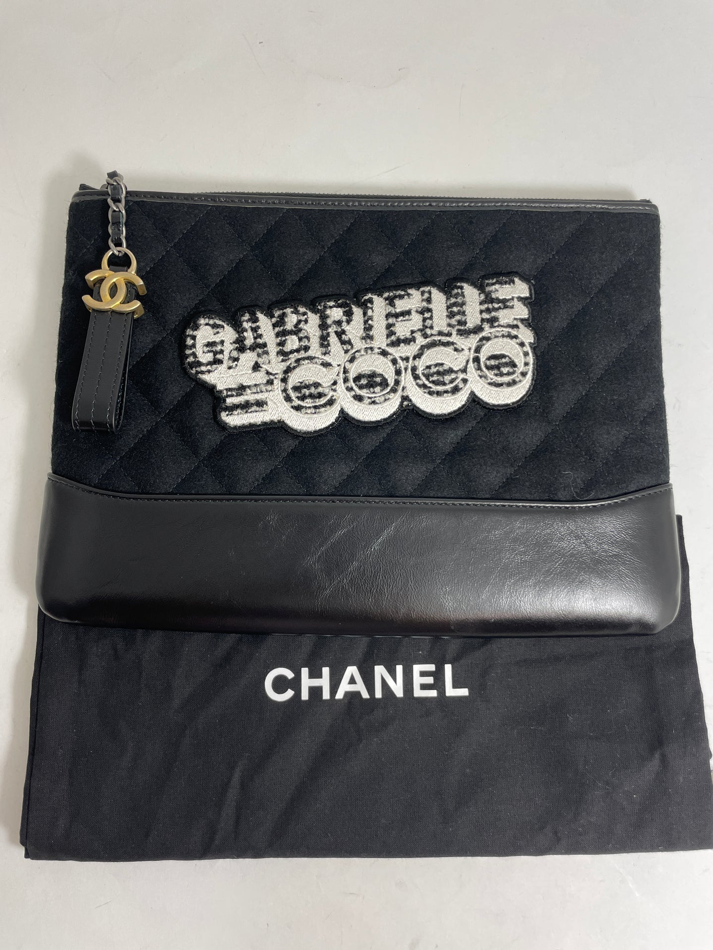 Chanel Black Felt & Tweed  Medium Gabrielle Coco O case Clutch