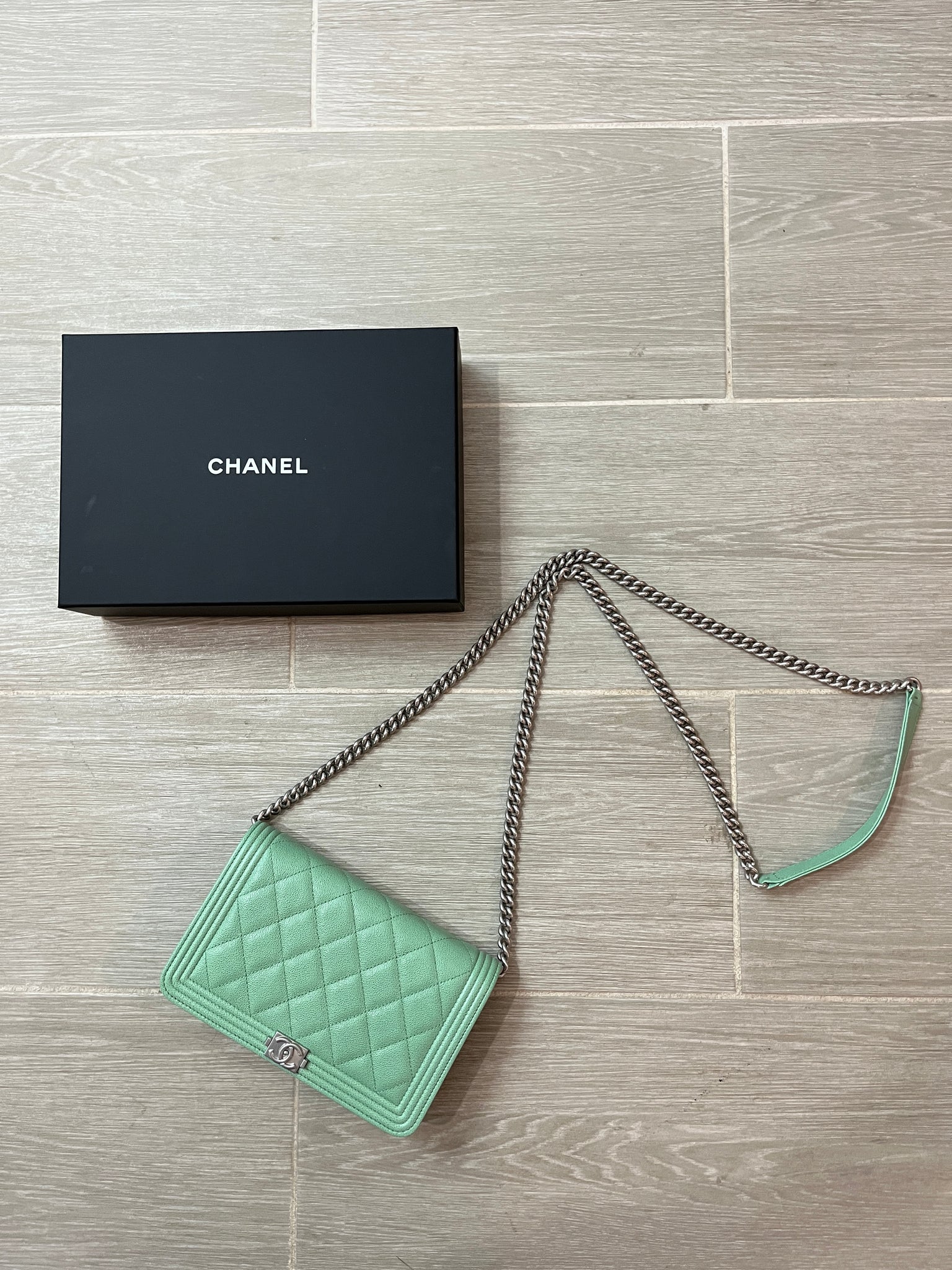 Chanel Mint Green WOC Boy Wallet On Chain Handbag – The