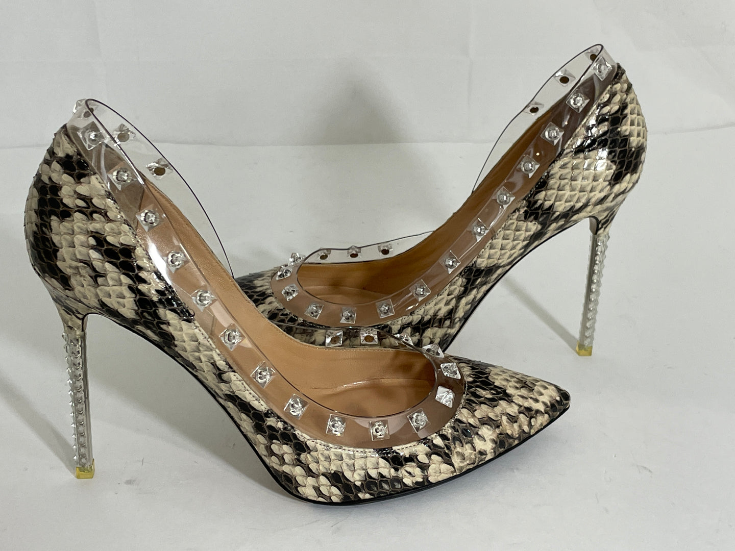 Valentino Beige Snakeskin Leather & PVC Point Toe Pumps