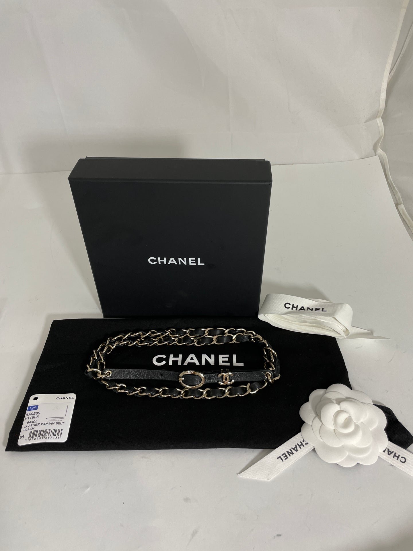 Chanel 19B Black Leather Gold Chain Belt