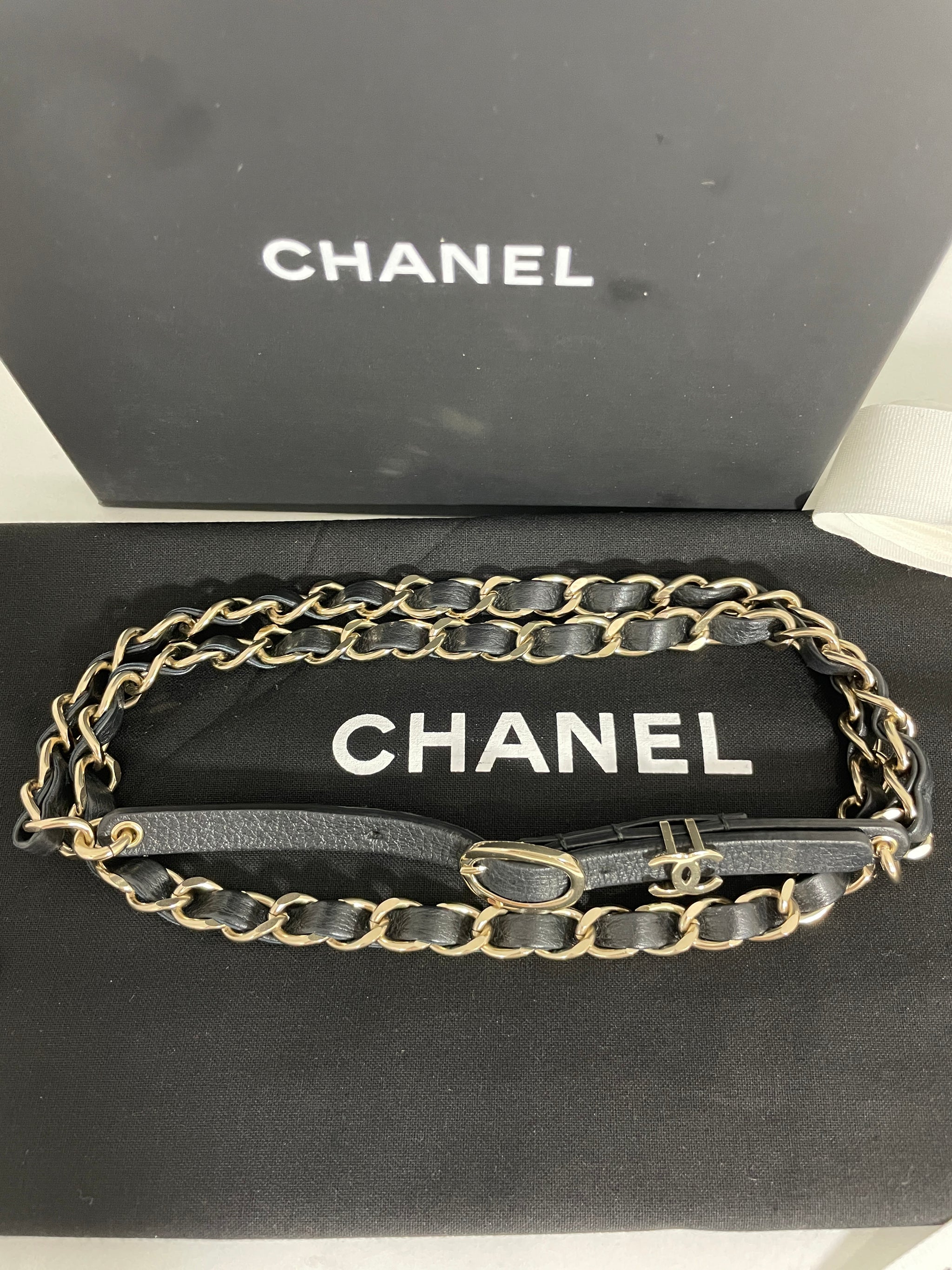 NOT FOR SALE Chanel Belt - Leather Champagne gold chain hardware. 19B Full set! Authentic Chanel Rare Vintage Gold Metal Spell Out Coco  main image 3