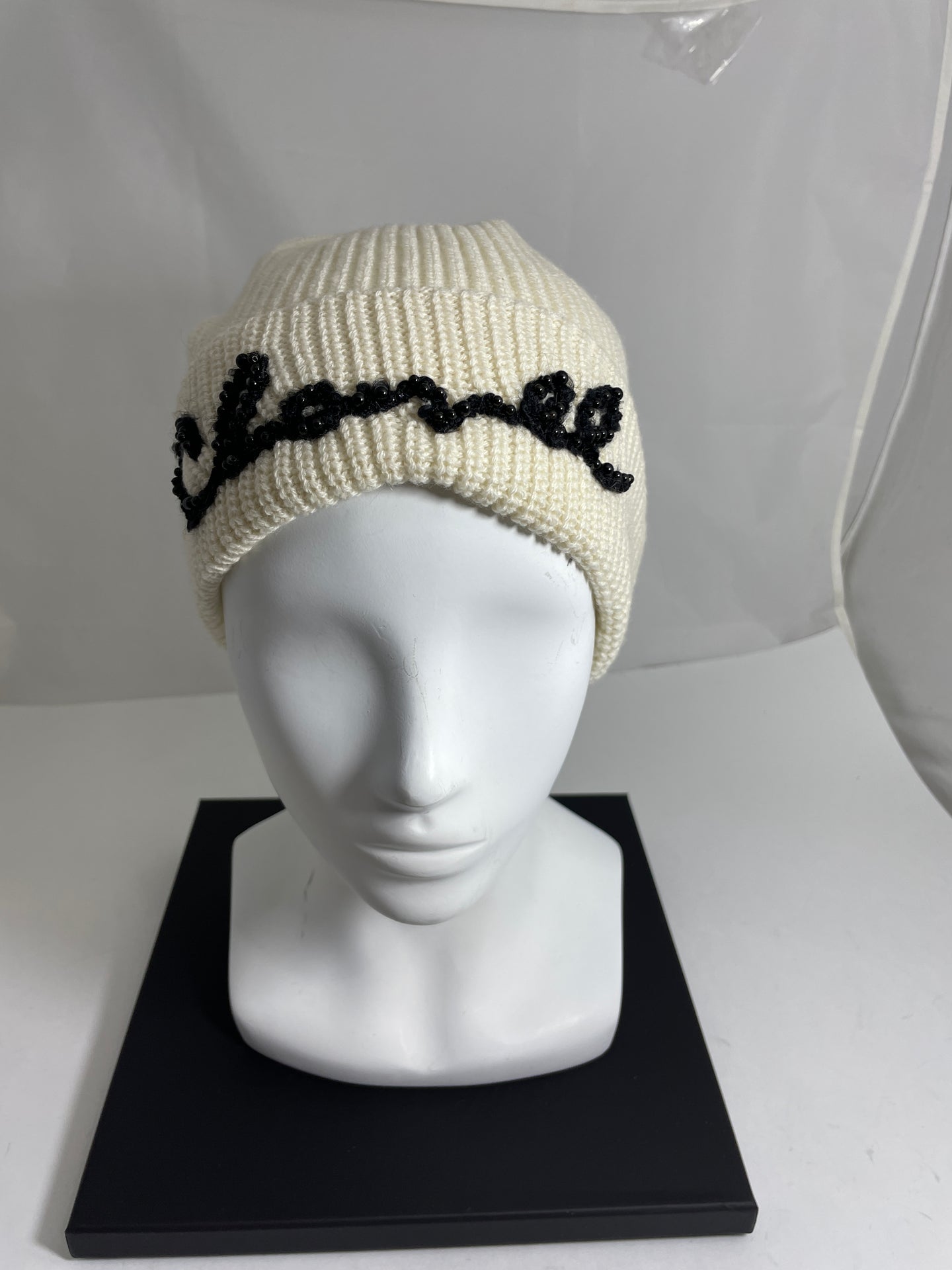 Chanel Cashmere Ivory Black Script Hat